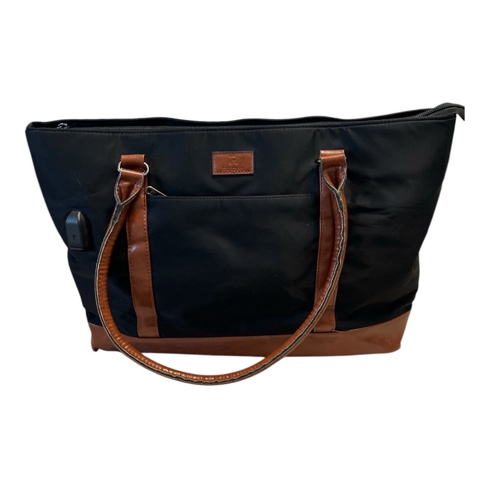 Relavel Black Nylon Tote Bag with Brown Faux Leather Trim – USB Port – Large Wor